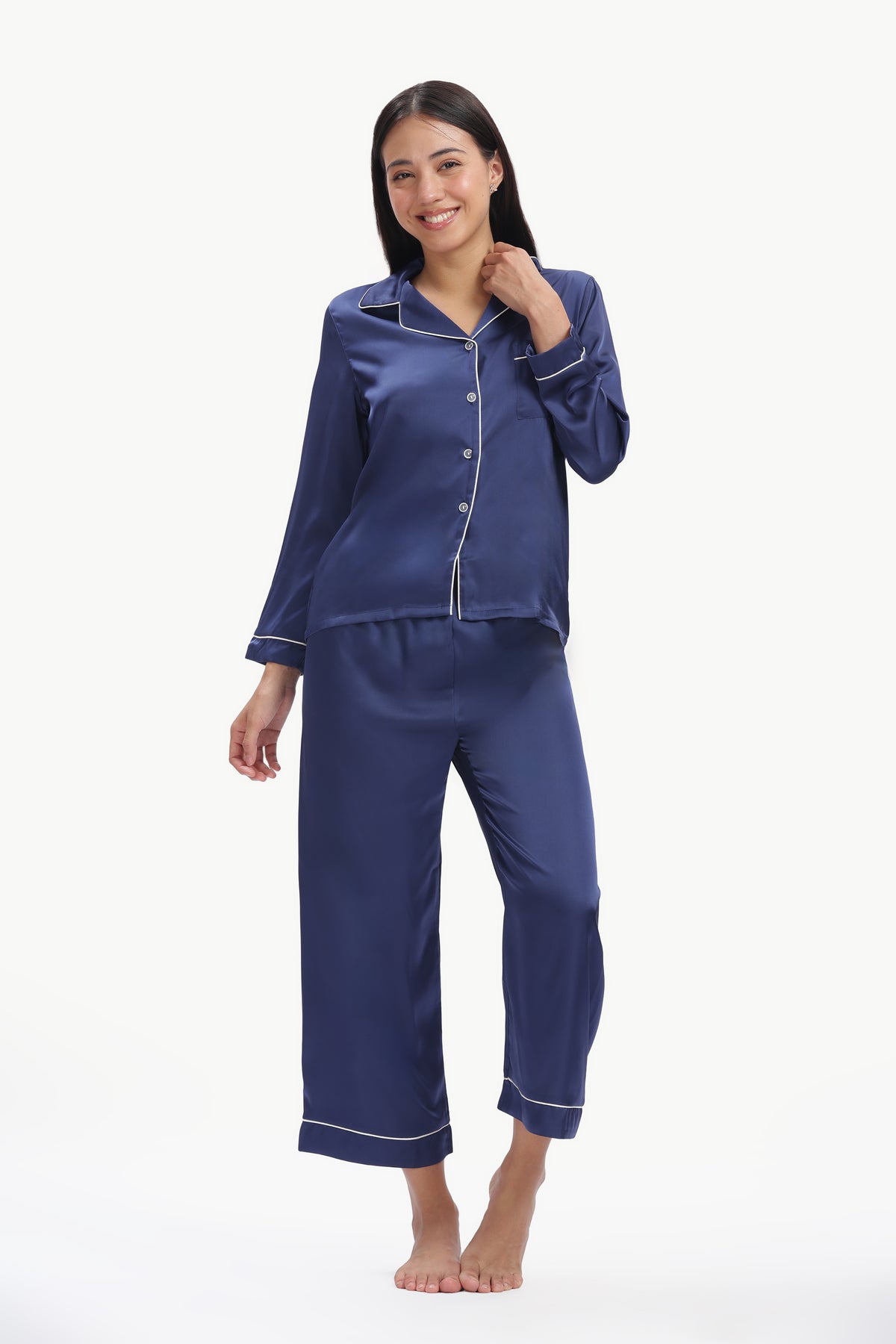 NAVY Full-Sleeve Satin Shirt & Pyjama Set — Navy Blue