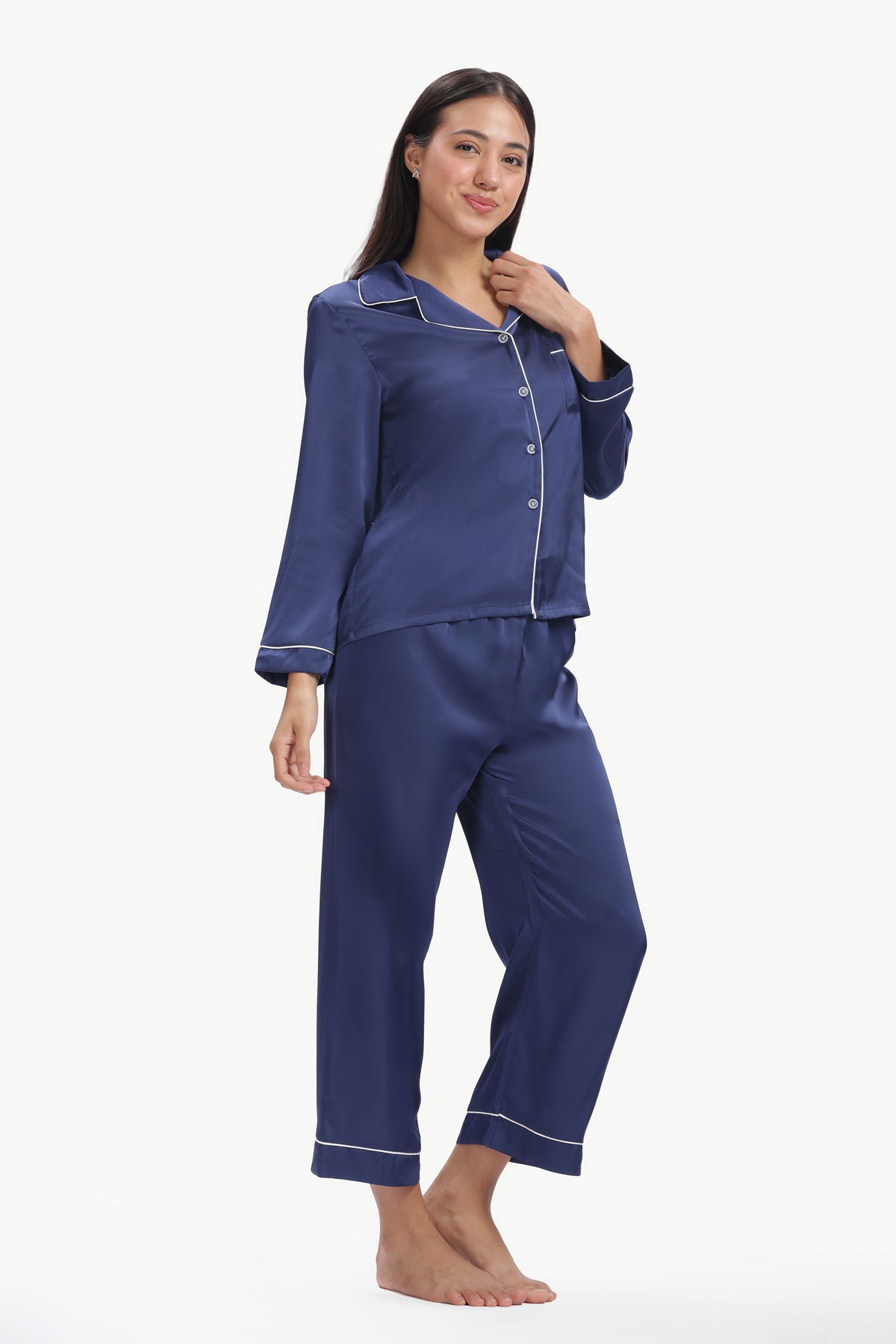 NAVY Full-Sleeve Satin Shirt & Pyjama Set — Navy Blue