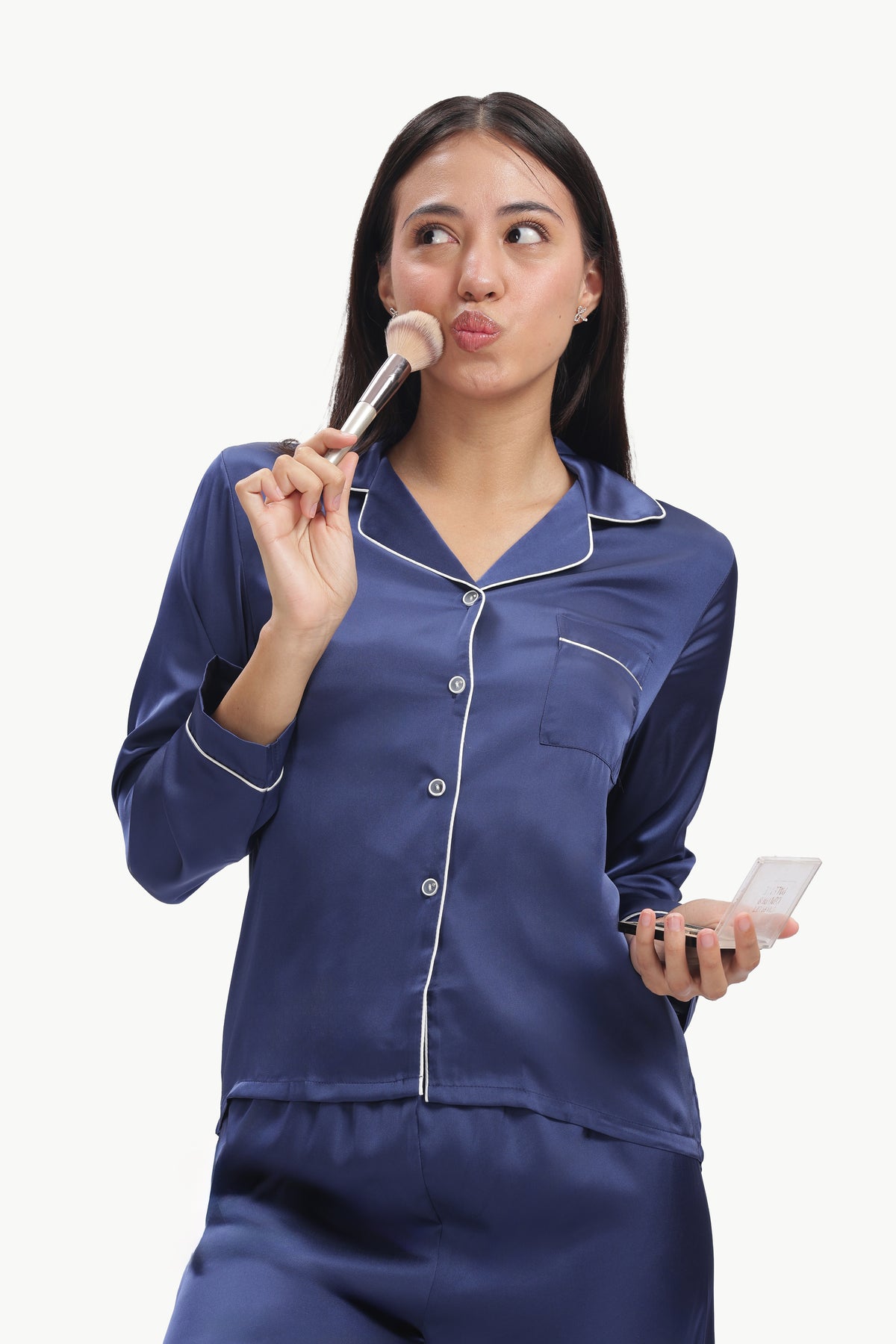 NAVY Full-Sleeve Satin Shirt & Pyjama Set — Navy Blue