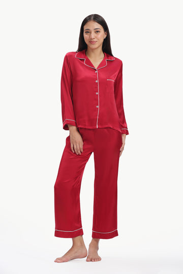 MERLOT Full-Sleeve Satin Shirt & Pyjama Set — Maroon