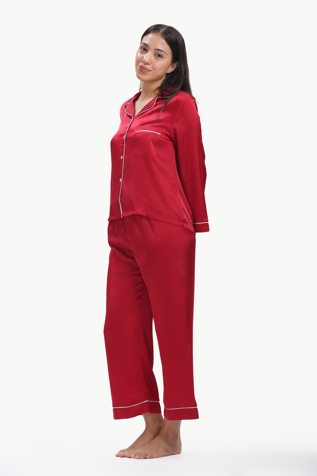 MERLOT Full-Sleeve Satin Shirt & Pyjama Set — Maroon