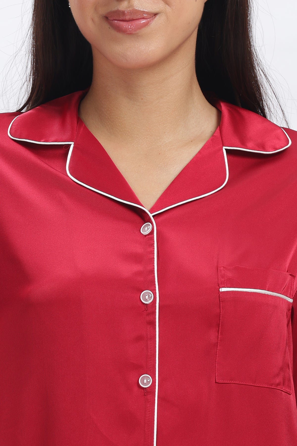 MERLOT Full-Sleeve Satin Shirt & Pyjama Set — Maroon