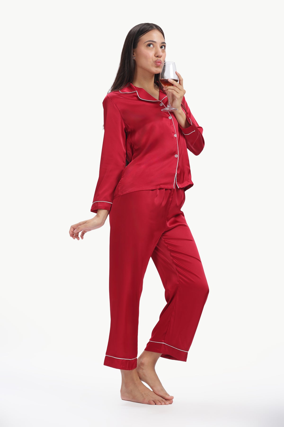 MERLOT Full-Sleeve Satin Shirt & Pyjama Set — Maroon