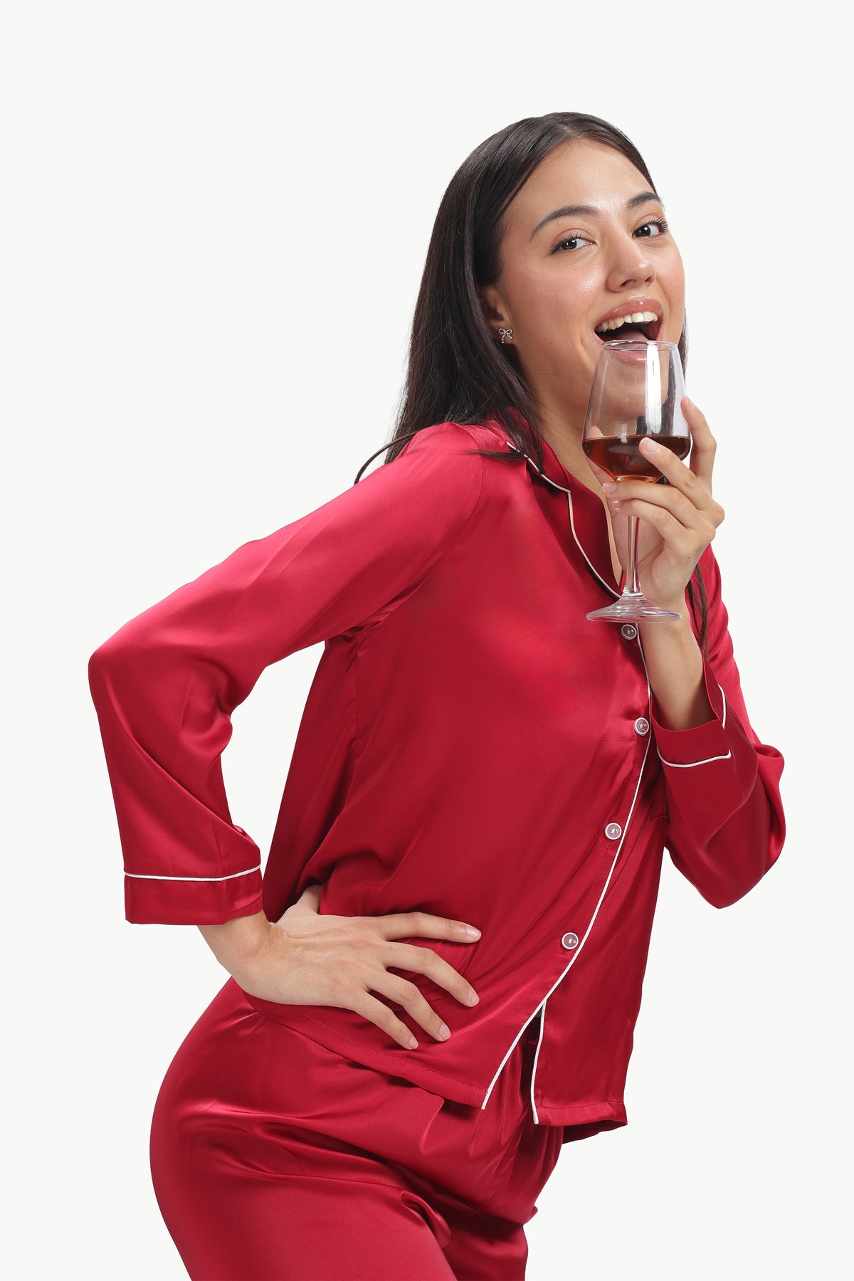 MERLOT Full-Sleeve Satin Shirt & Pyjama Set — Maroon