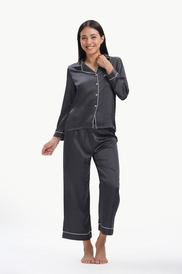 SLATE Full-Sleeve Satin Shirt & Pyjama Set — Dark Grey