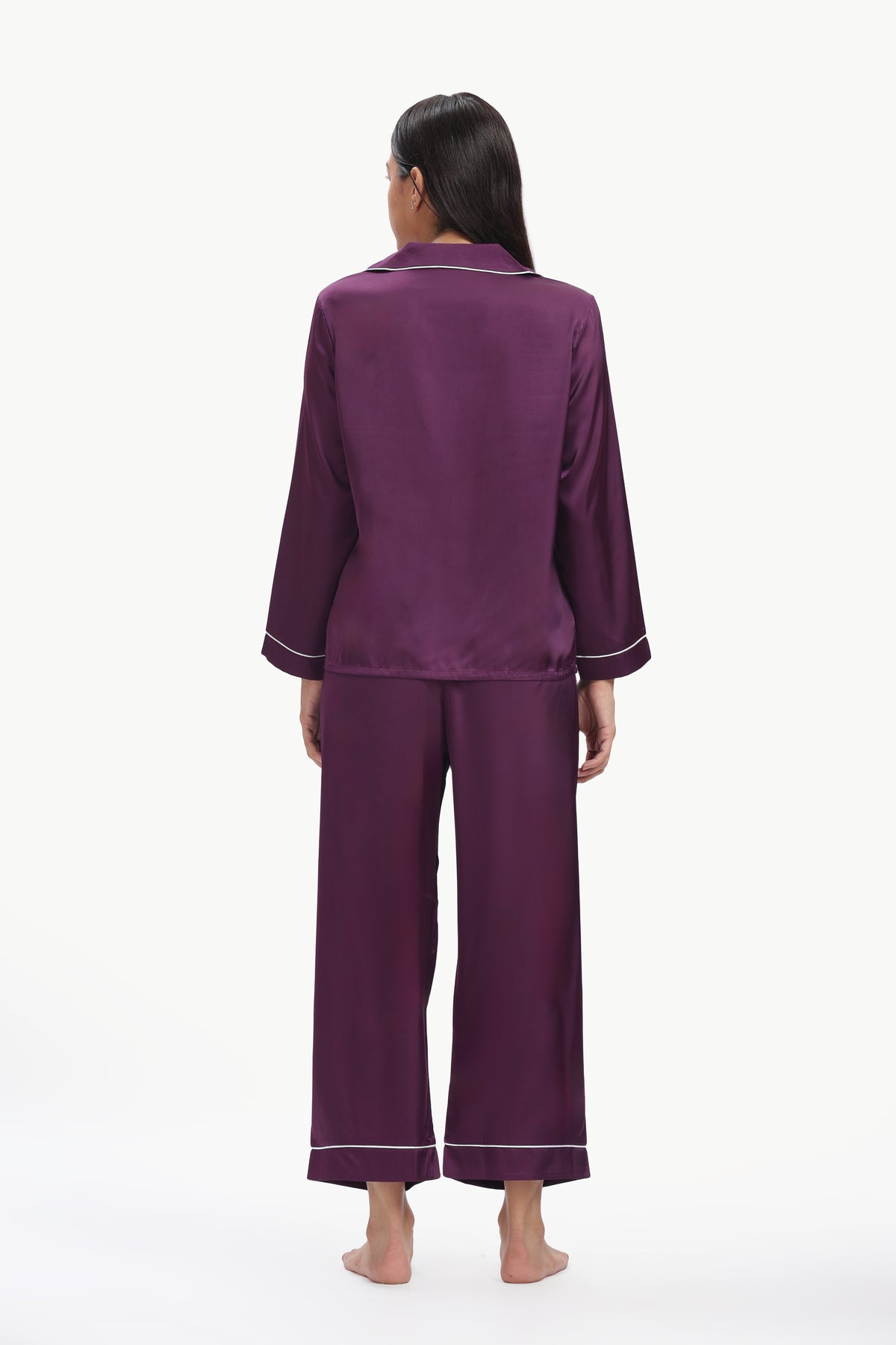 AMETHYST Full-Sleeve Satin Shirt & Pyjama Set — Purple