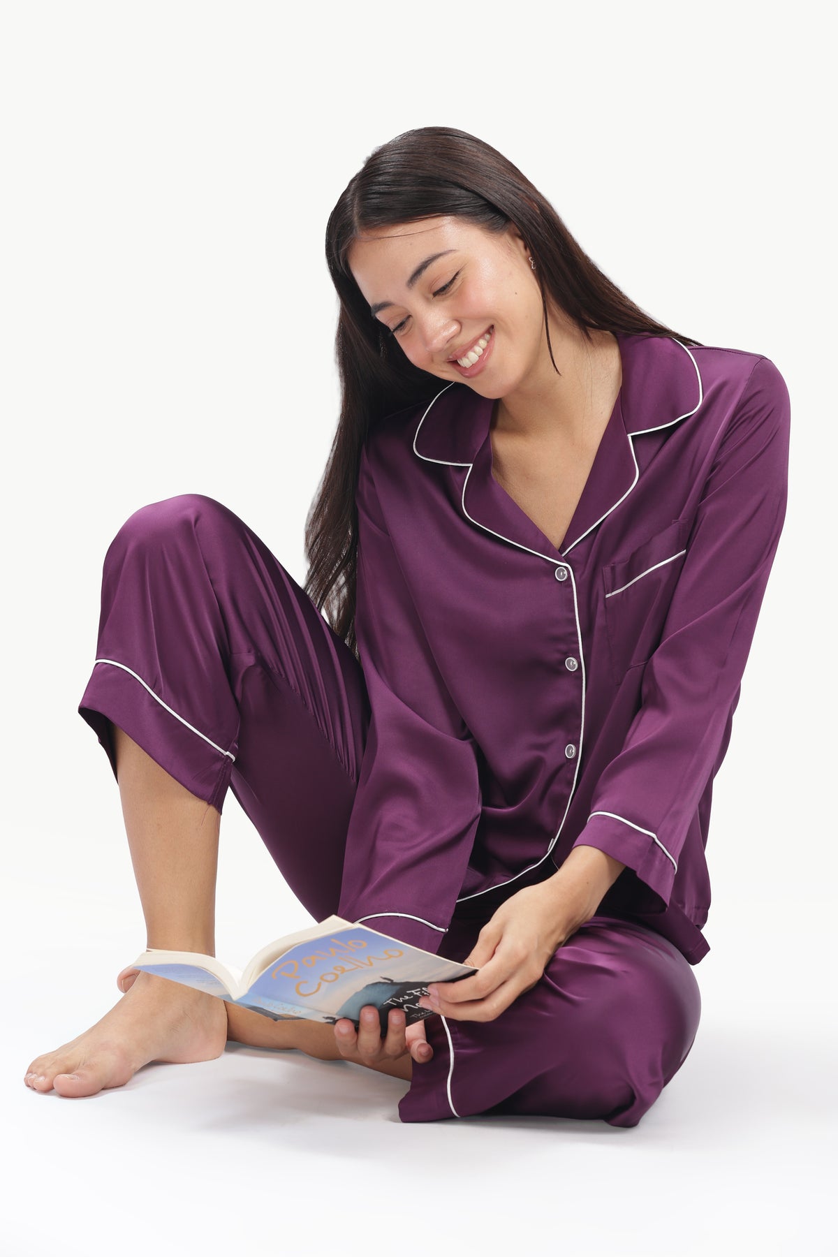 AMETHYST Full-Sleeve Satin Shirt & Pyjama Set — Purple