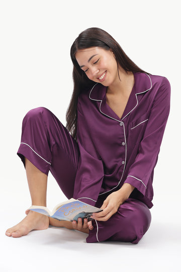 AMETHYST Full-Sleeve Satin Shirt & Pyjama Set — Purple