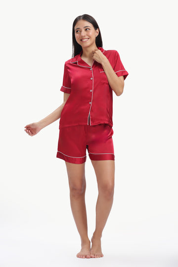 MERLOT Half-Sleeve Satin Shirt & Shorts Set