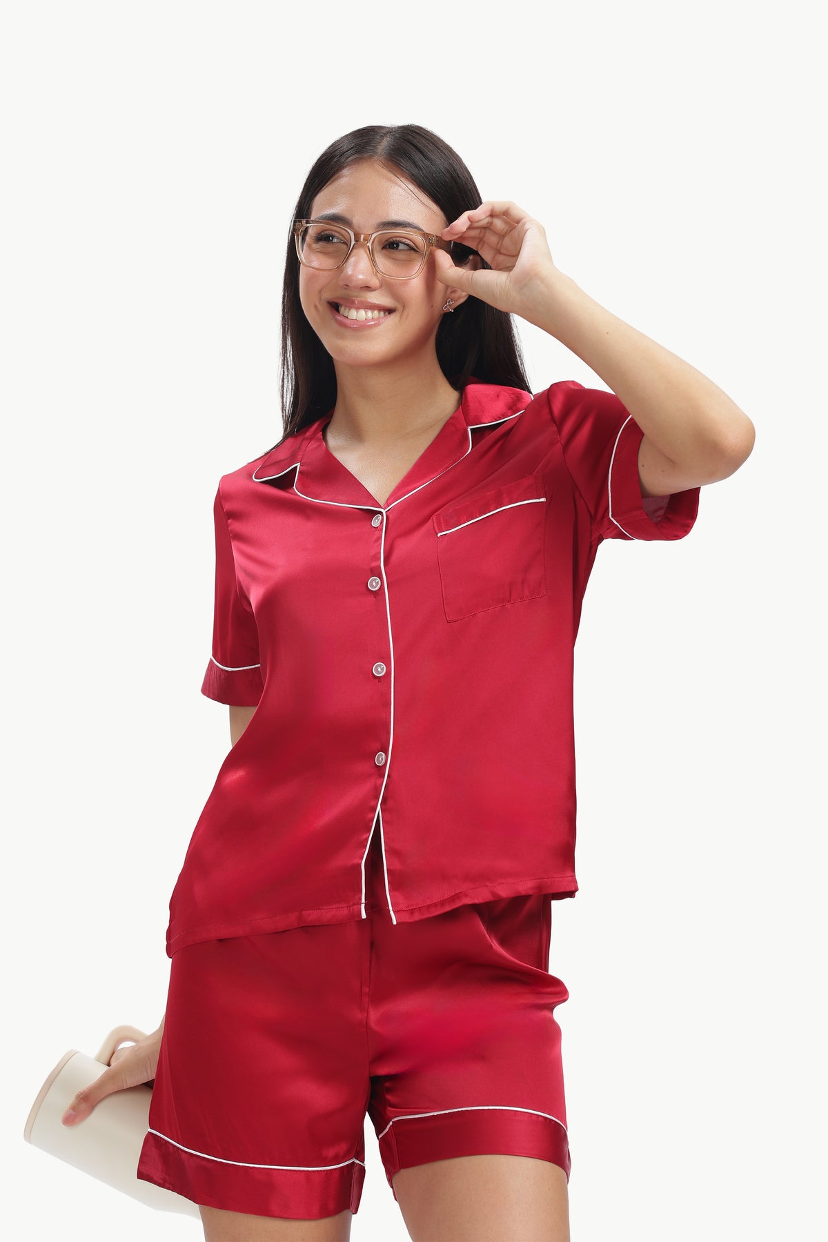 MERLOT Half-Sleeve Satin Shirt & Shorts Set