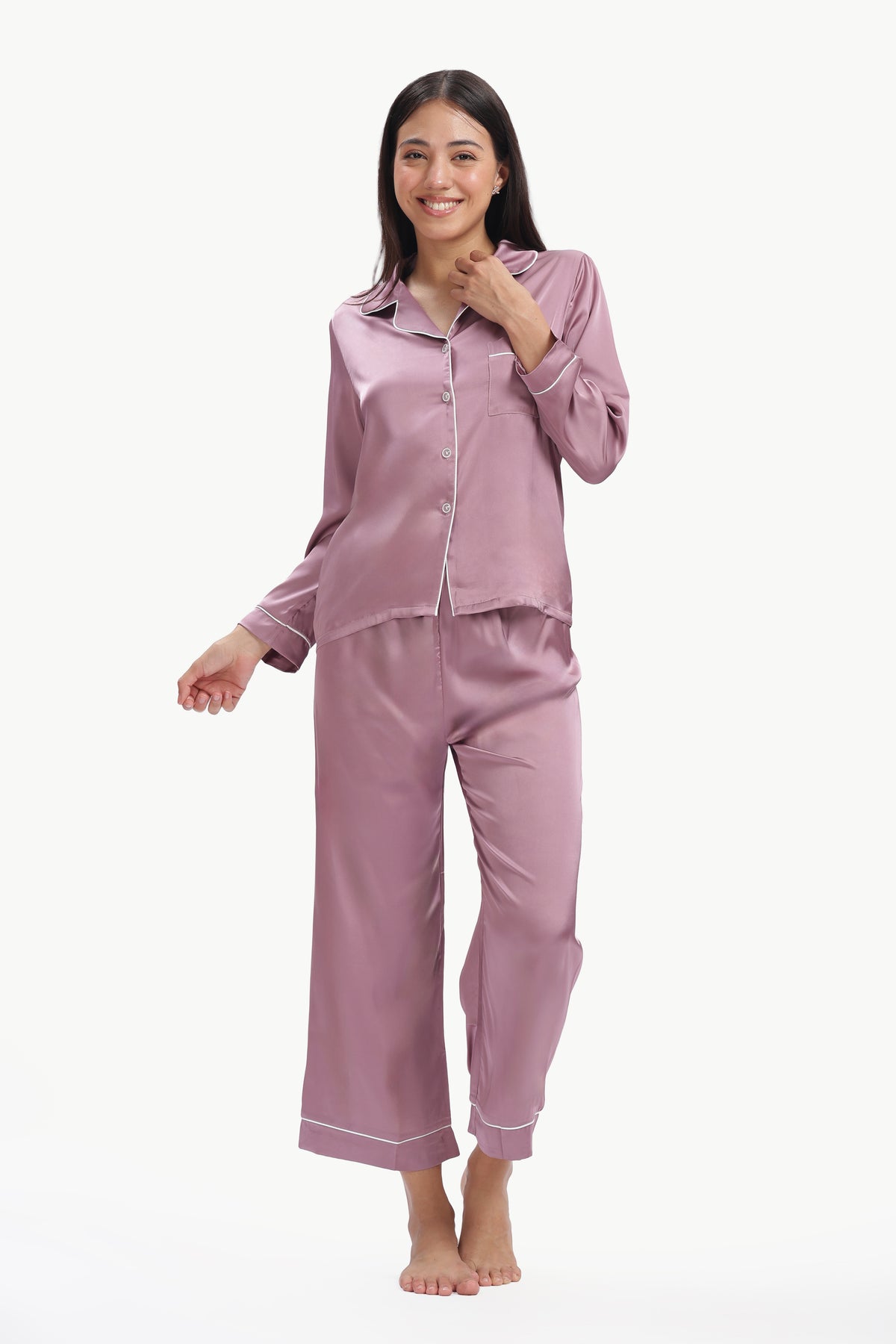 IRIS Full-Sleeve Satin Shirt & Pyjama Set — Violet