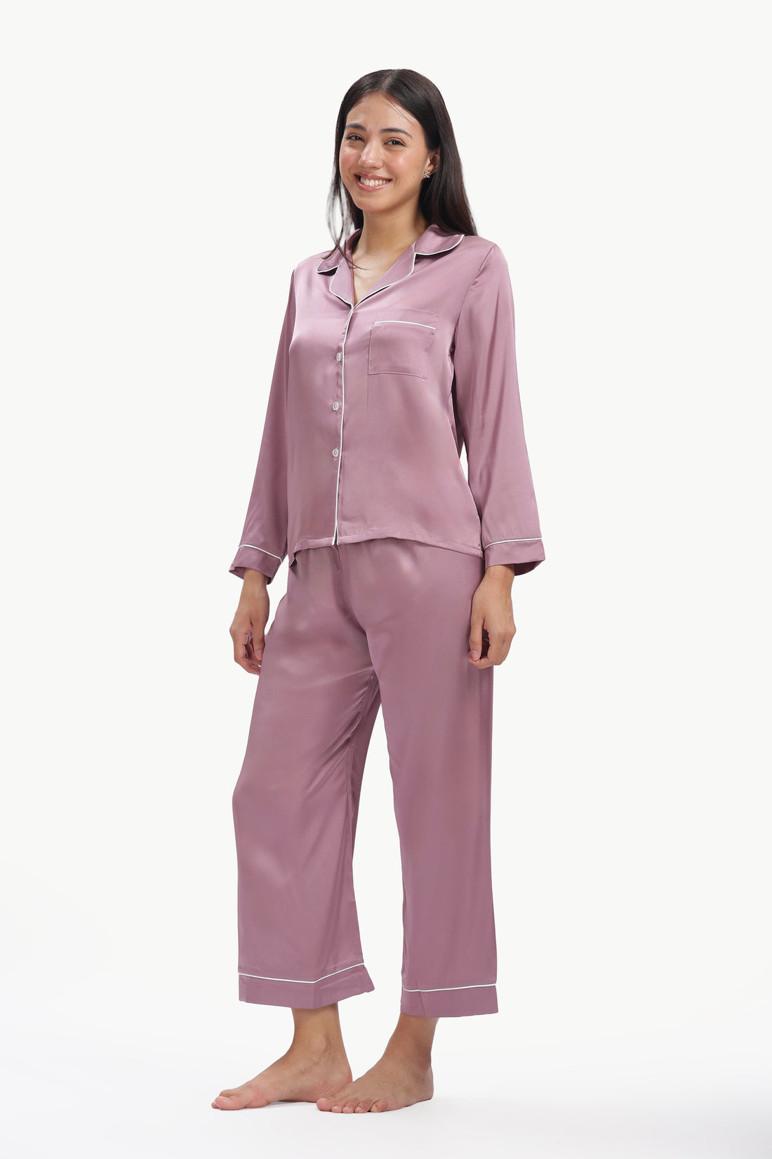 IRIS Full-Sleeve Satin Shirt & Pyjama Set — Violet