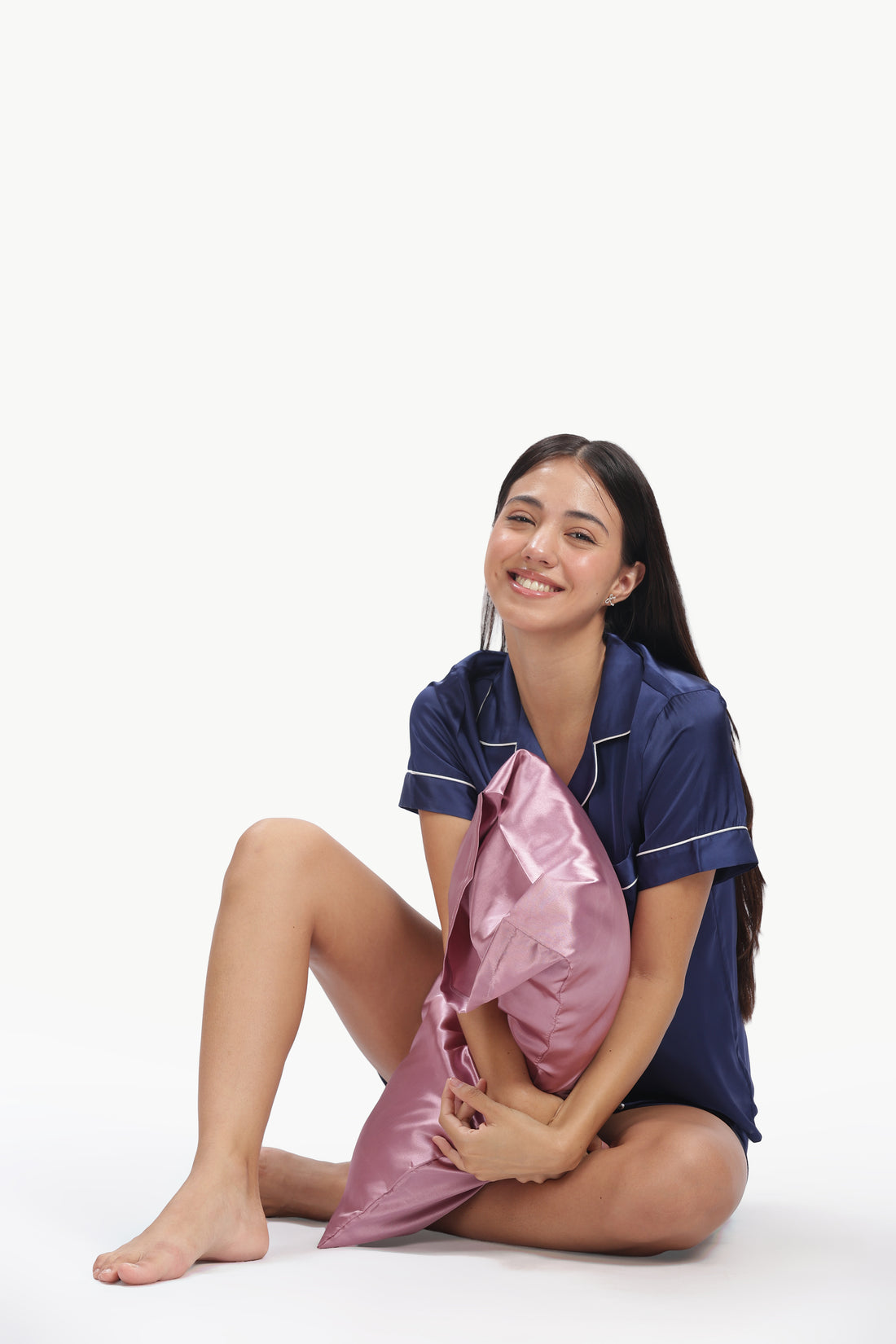 NAVY Half-Sleeve Satin Shirt & Shorts Set