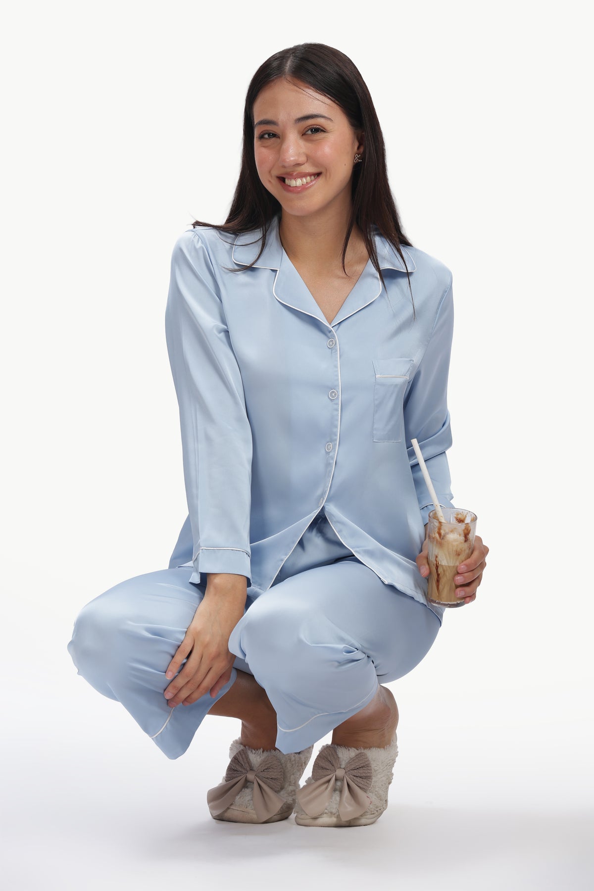 SKY Full-Sleeve Satin Shirt & Pyjama Set — Baby Blue