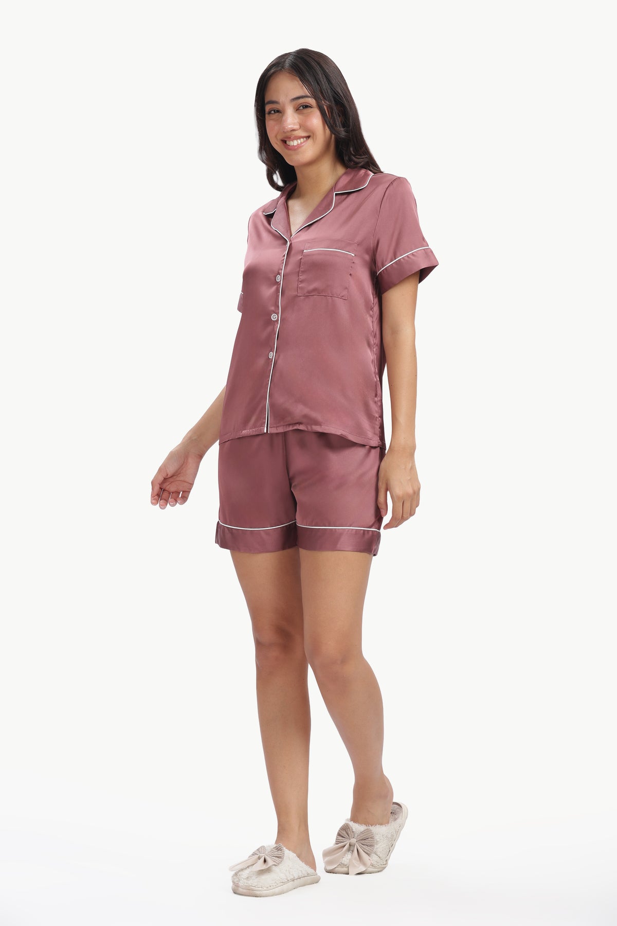 Mauve Half-Sleeve Satin Shirt & Shorts Set