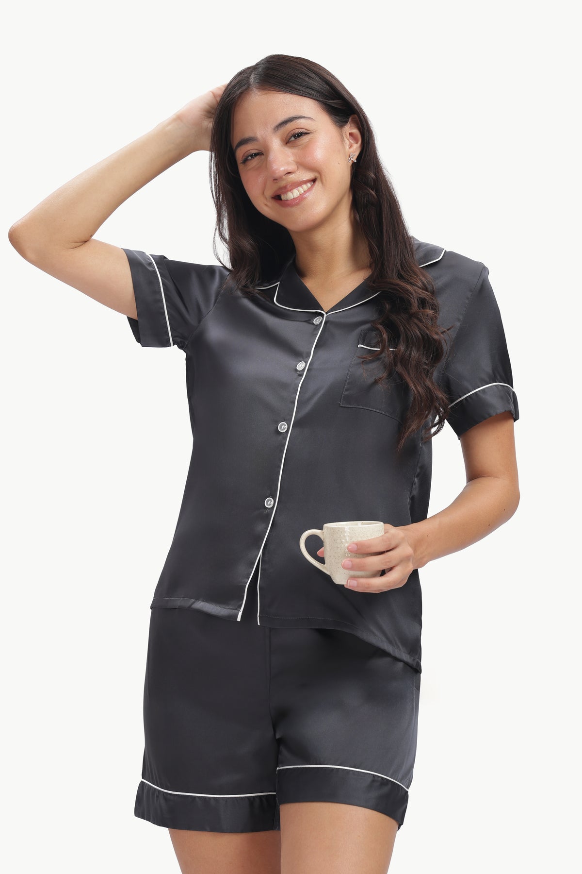 SLATE Half-Sleeve Satin Shirt & Shorts Set