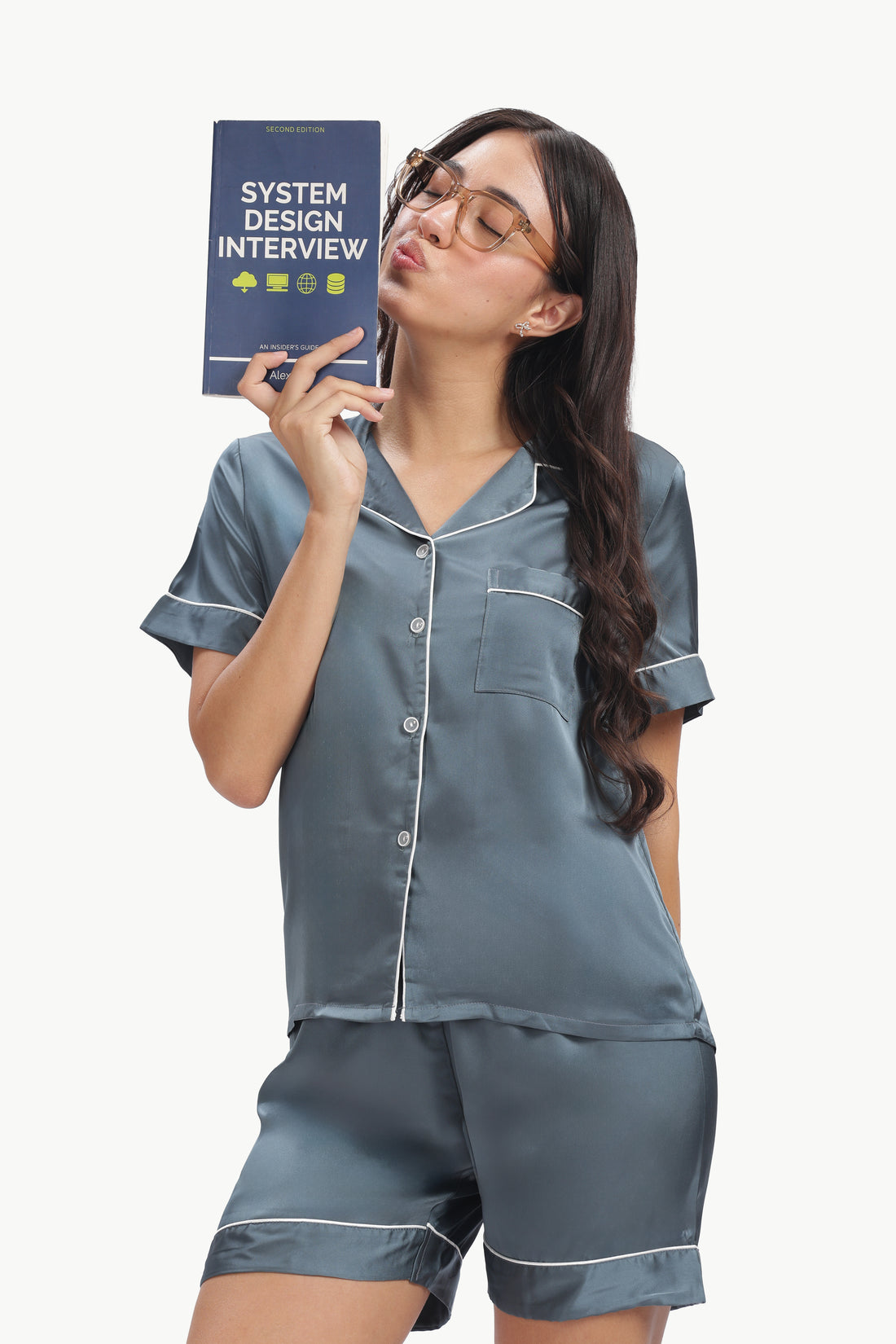 MIDNIGHT Half-Sleeve Satin Shirt & Shorts Set