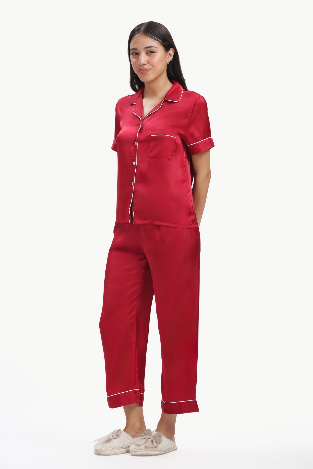 MERLOT Half-Sleeve Satin Shirt & Pyjama Set