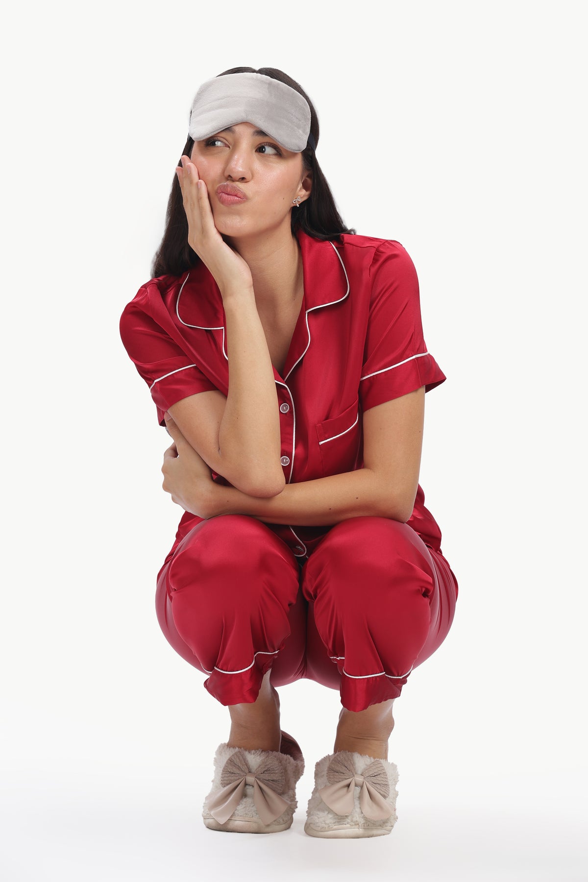 MERLOT Half-Sleeve Satin Shirt & Pyjama Set