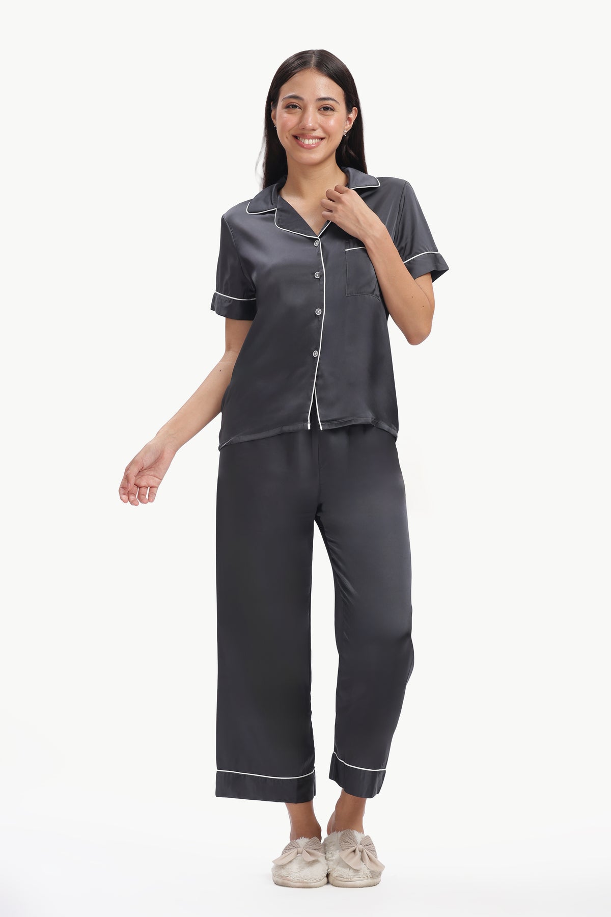 SLATE Half-Sleeve Satin Shirt & Pyjama Set