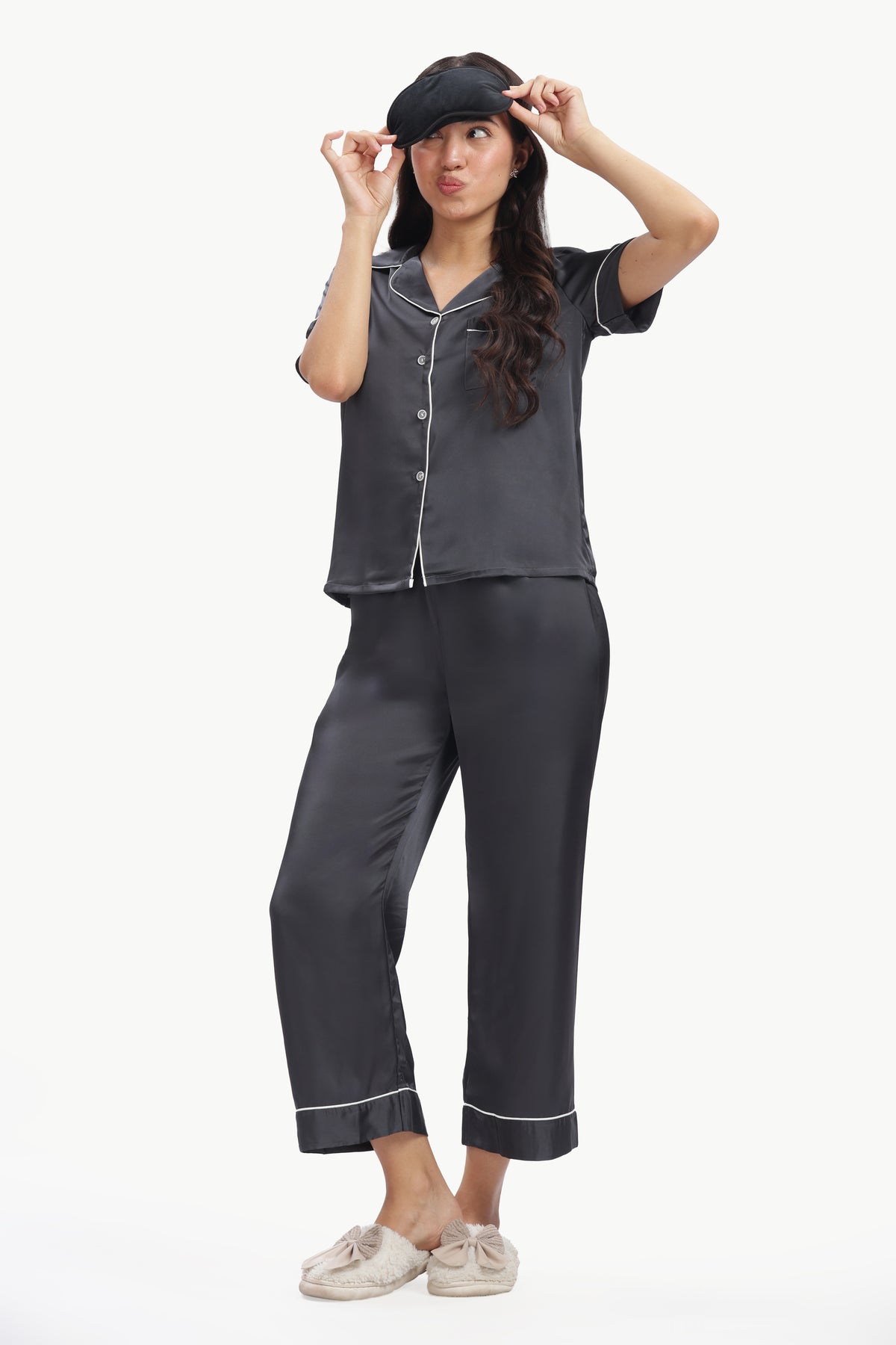 SLATE Half-Sleeve Satin Shirt & Pyjama Set