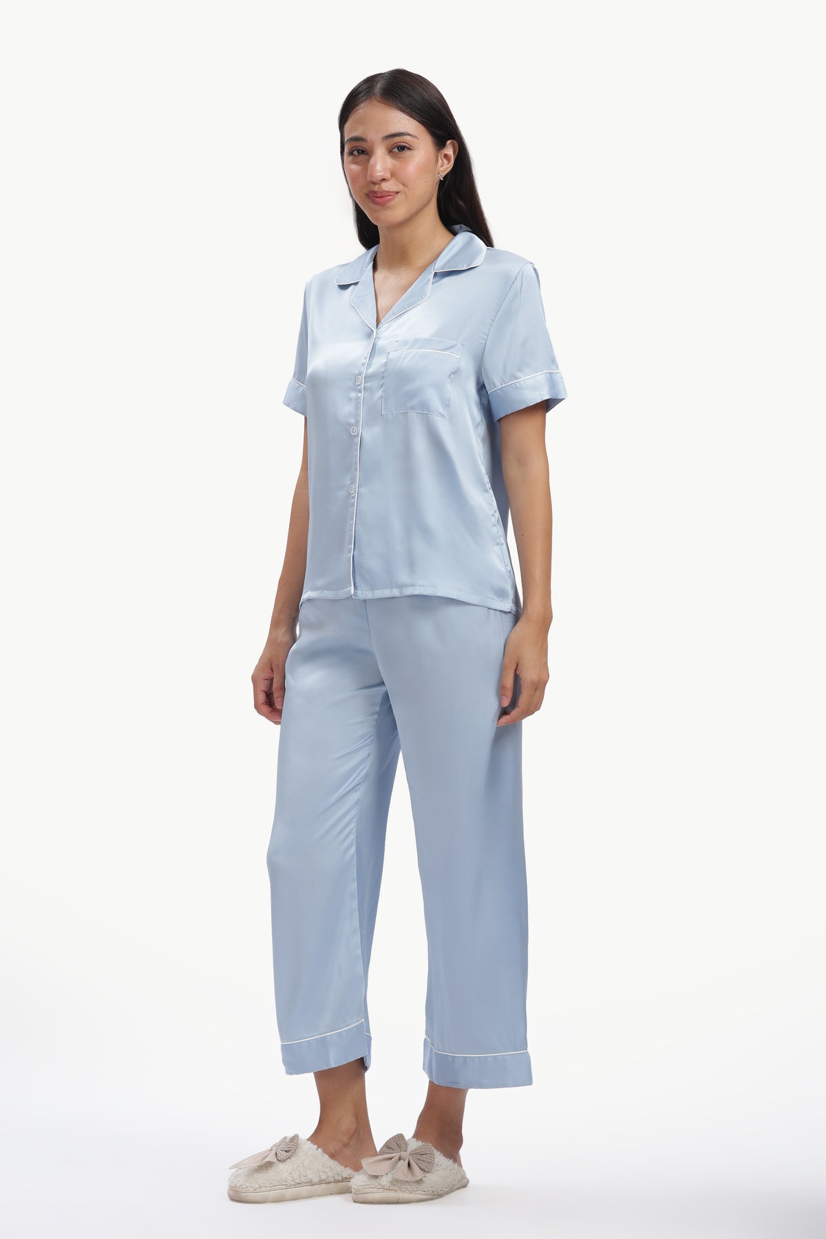 SKY Half-Sleeve Satin Shirt & Pyjama Set