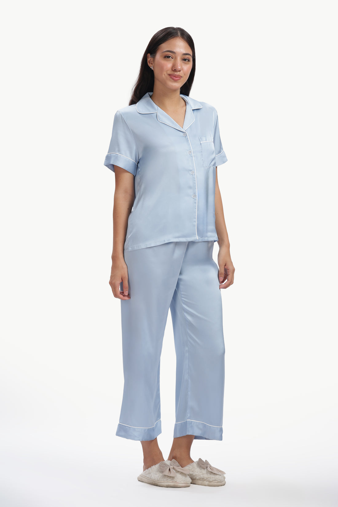 SKY Half-Sleeve Satin Shirt & Pyjama Set