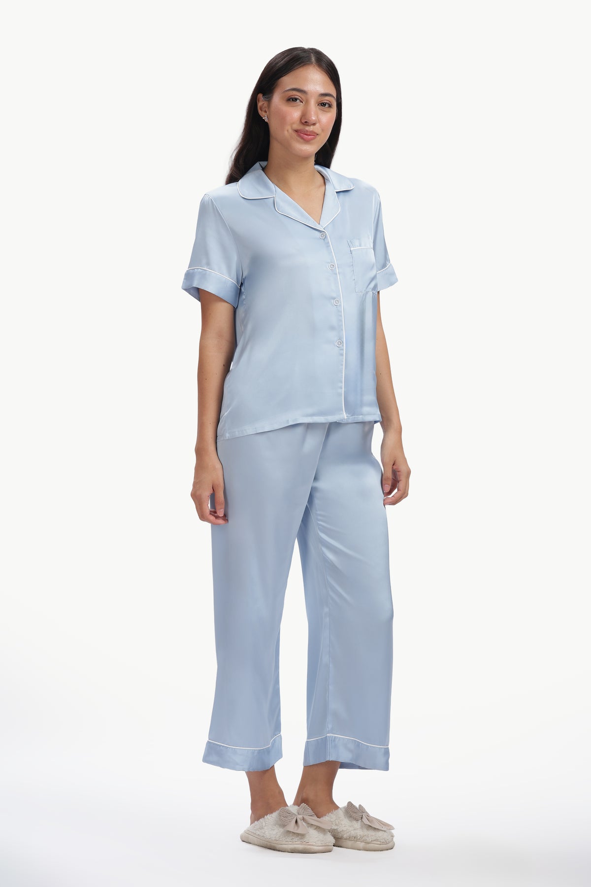 SKY Half-Sleeve Satin Shirt & Pyjama Set