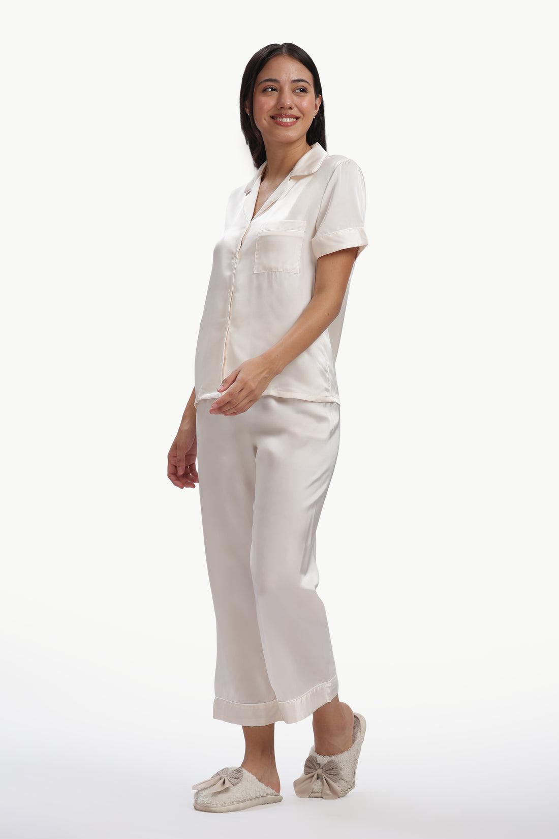 CHAMPAGNE Half-Sleeve Satin Shirt & Pyjama Set
