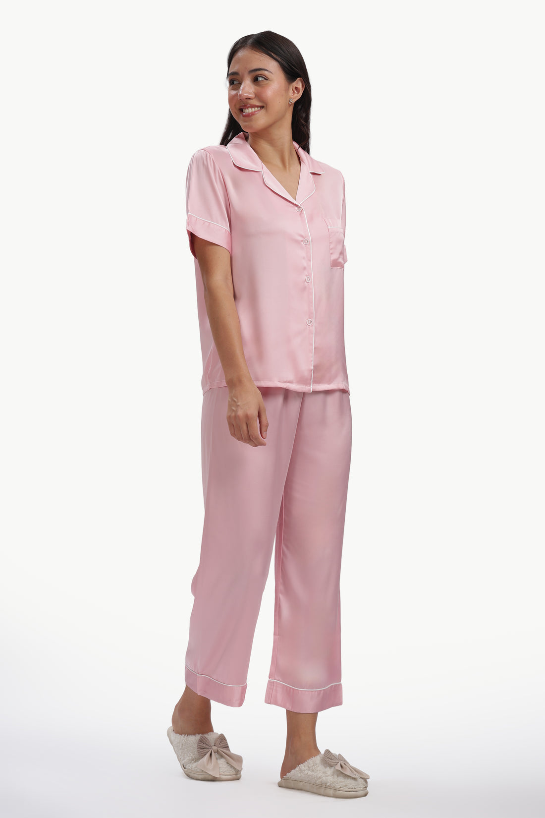 ROSÉ Half-Sleeve Satin Shirt & Pyjama Set