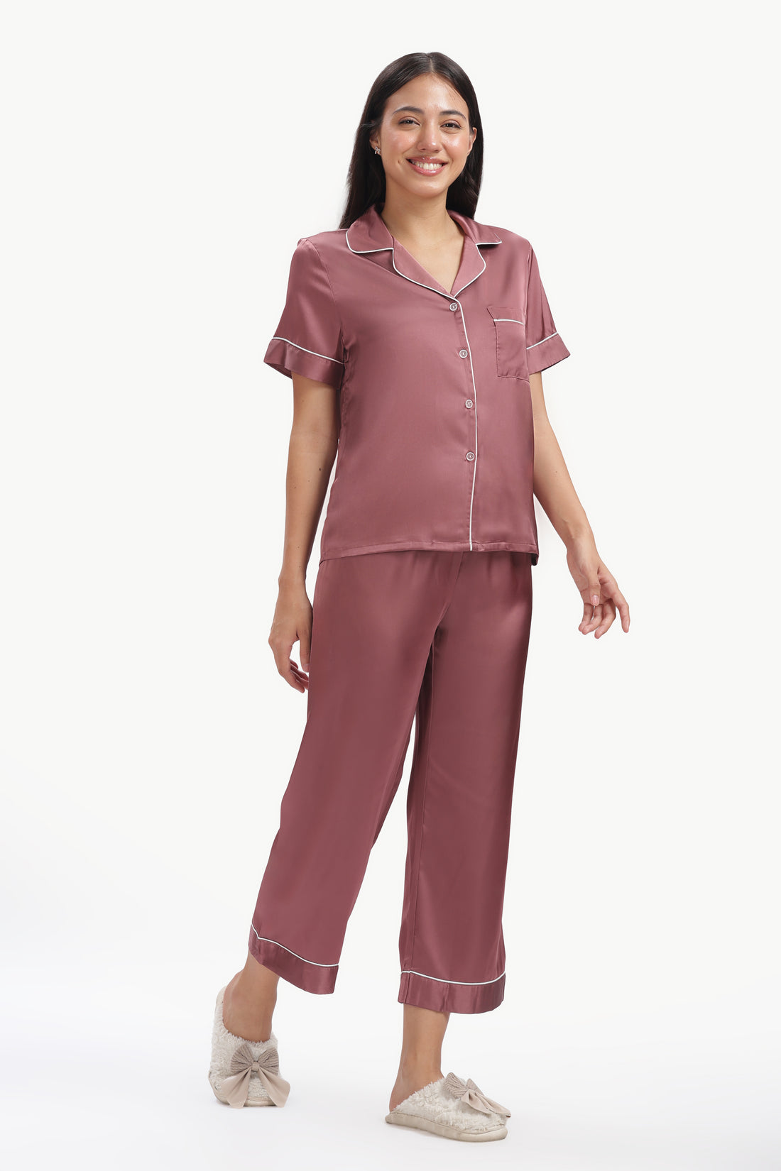 MAUVE Half-Sleeve Satin Shirt & Pyjama Set