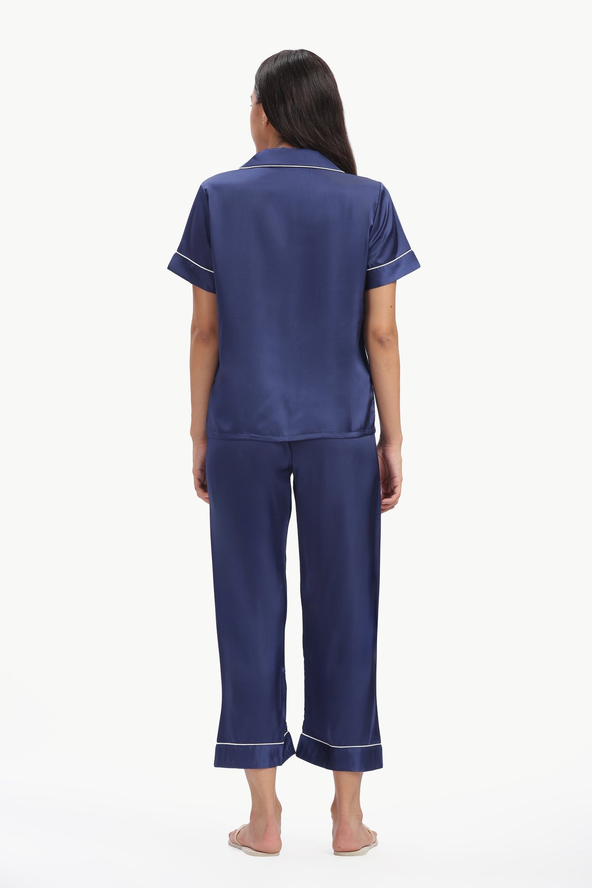 NAVY Half-Sleeve Satin Shirt & Pyjama Set