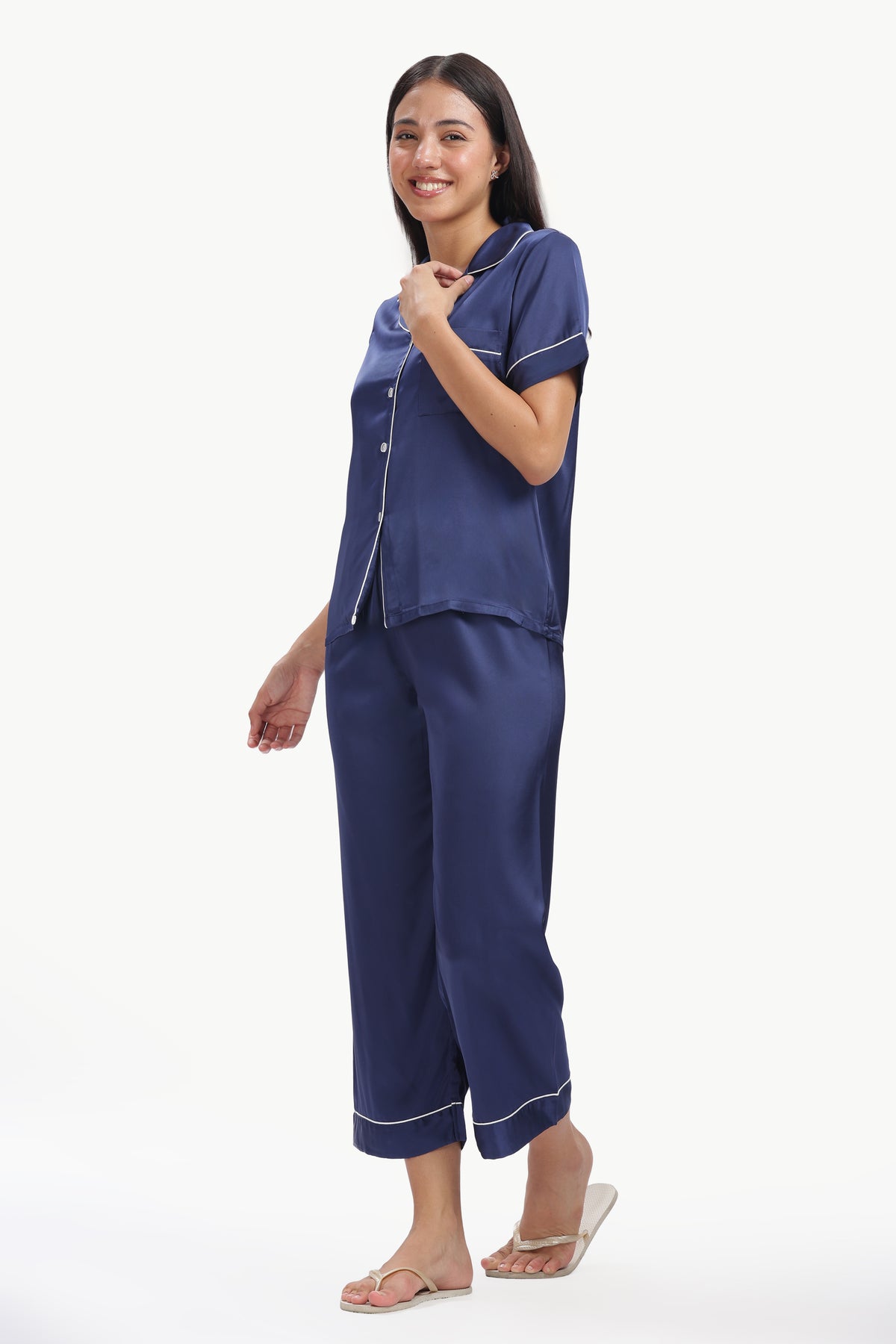 NAVY Half-Sleeve Satin Shirt & Pyjama Set