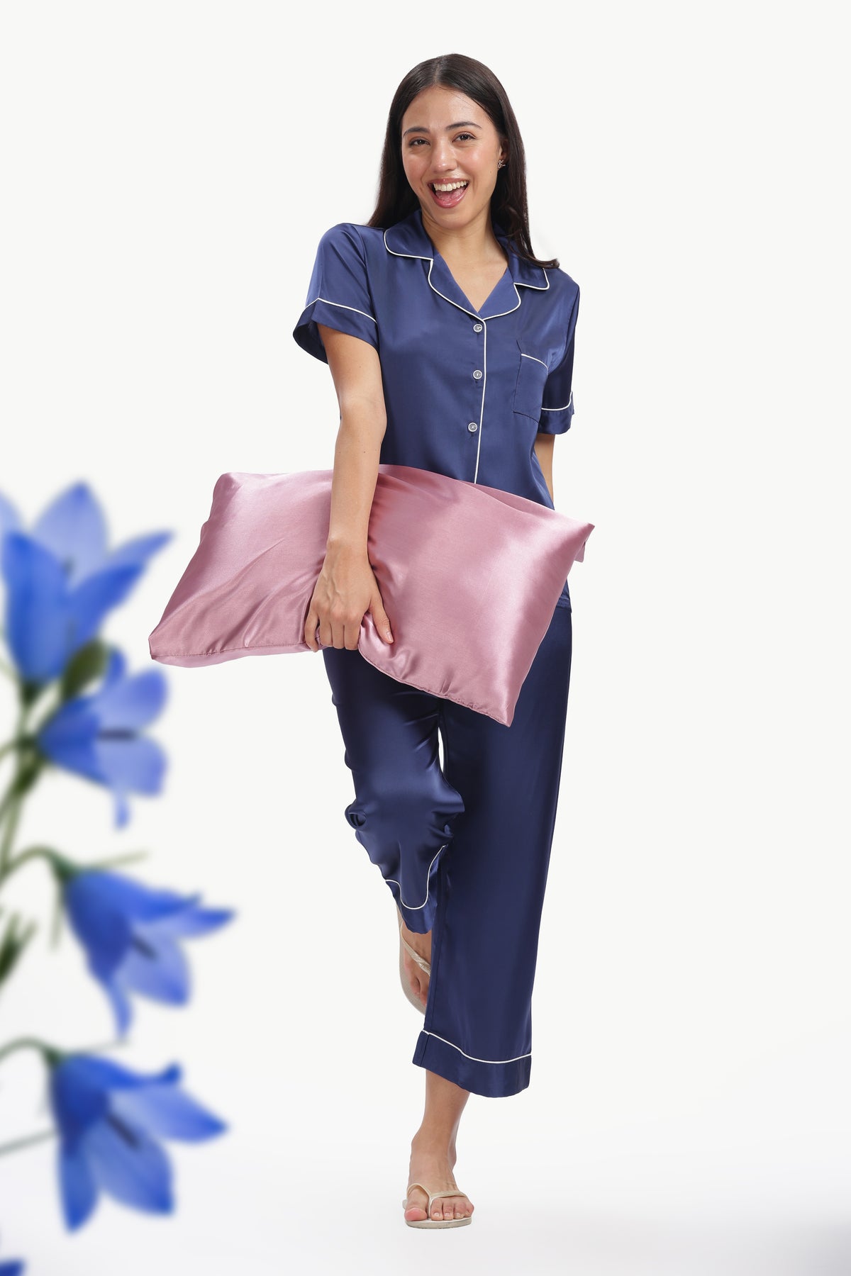 NAVY Half-Sleeve Satin Shirt & Pyjama Set