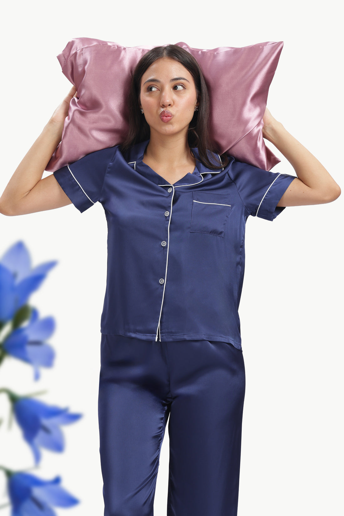 NAVY Half-Sleeve Satin Shirt & Pyjama Set