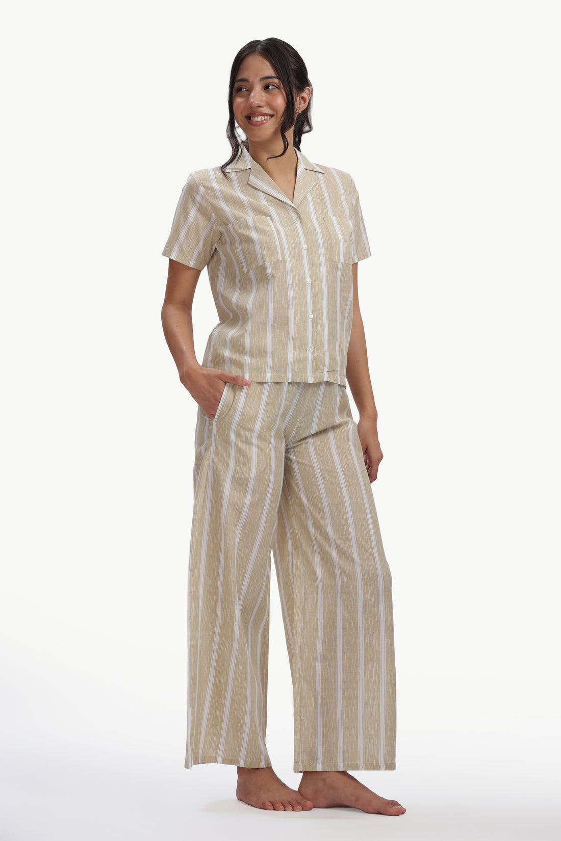 Cotton Stripe Nightsuit - MUSTARD