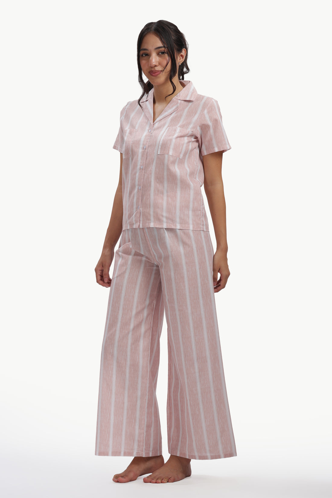 Cotton Stripe Nightsuit - PINK