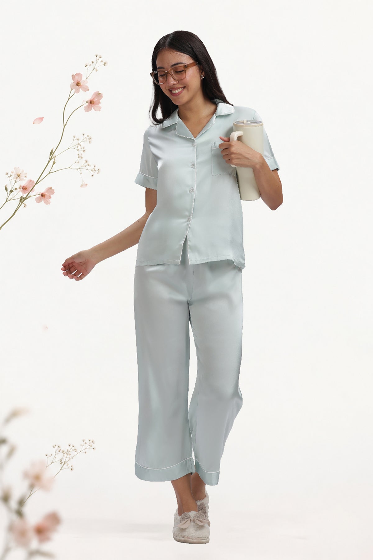 ICE Half-Sleeve Satin Shirt & Pyjama Set