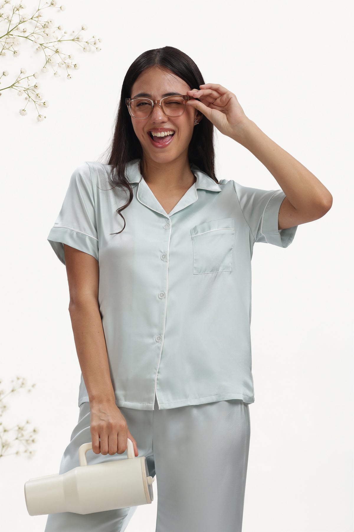 ICE Half-Sleeve Satin Shirt & Pyjama Set